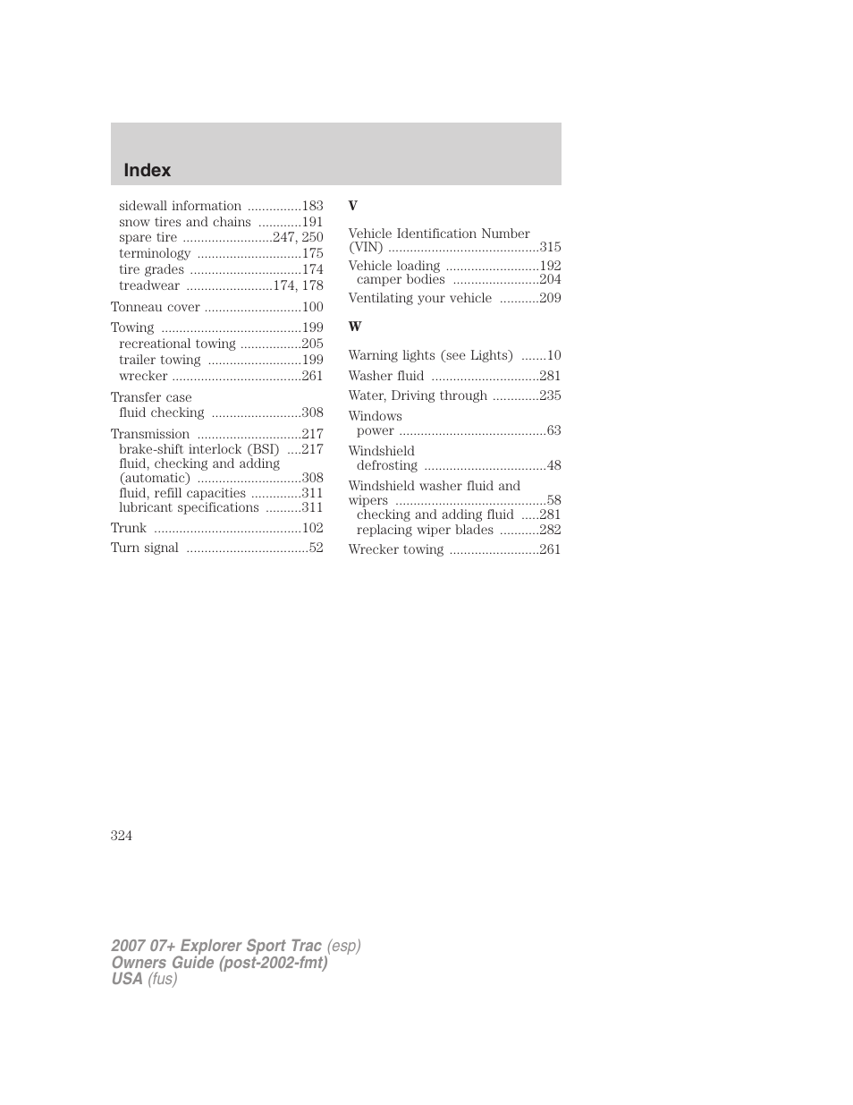 Index | FORD 2007 Explorer Sport Trac v.2 User Manual | Page 324 / 328