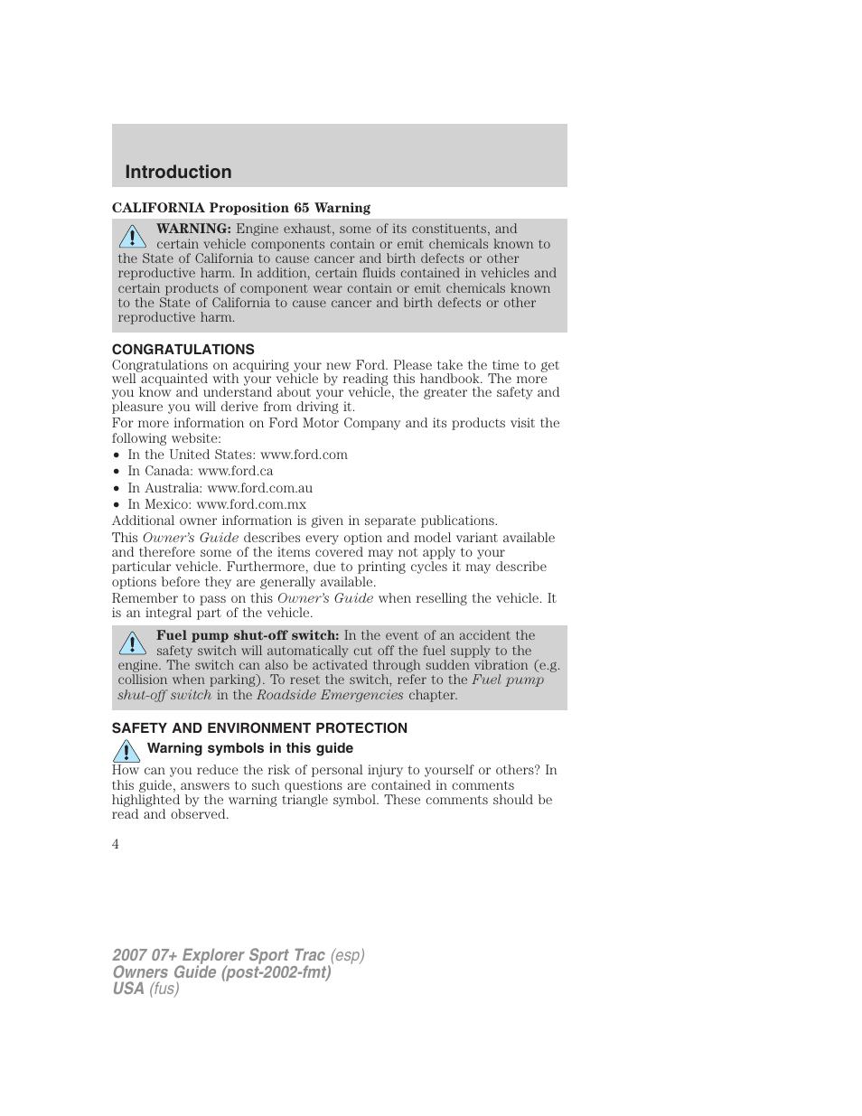 Introduction, Congratulations, Safety and environment protection | Warning symbols in this guide | FORD 2007 Explorer Sport Trac v.2 User Manual | Page 4 / 328