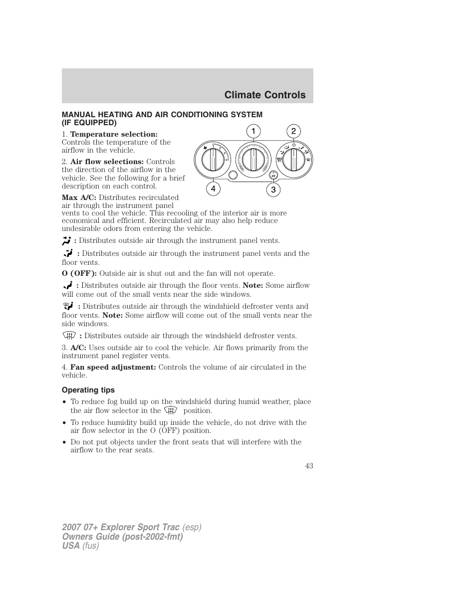 Climate controls, Operating tips, Manual heating and air conditioning | FORD 2007 Explorer Sport Trac v.2 User Manual | Page 43 / 328