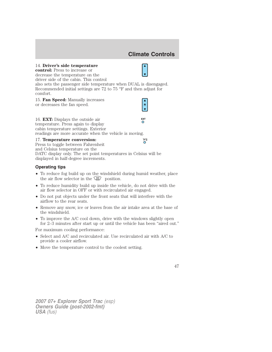 Operating tips, Climate controls | FORD 2007 Explorer Sport Trac v.2 User Manual | Page 47 / 328