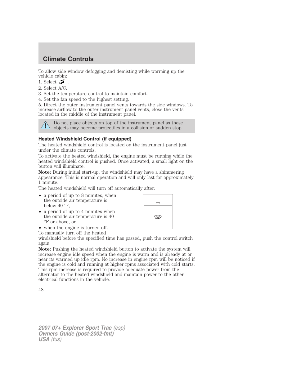 Heated windshield control (if equipped), Climate controls | FORD 2007 Explorer Sport Trac v.2 User Manual | Page 48 / 328