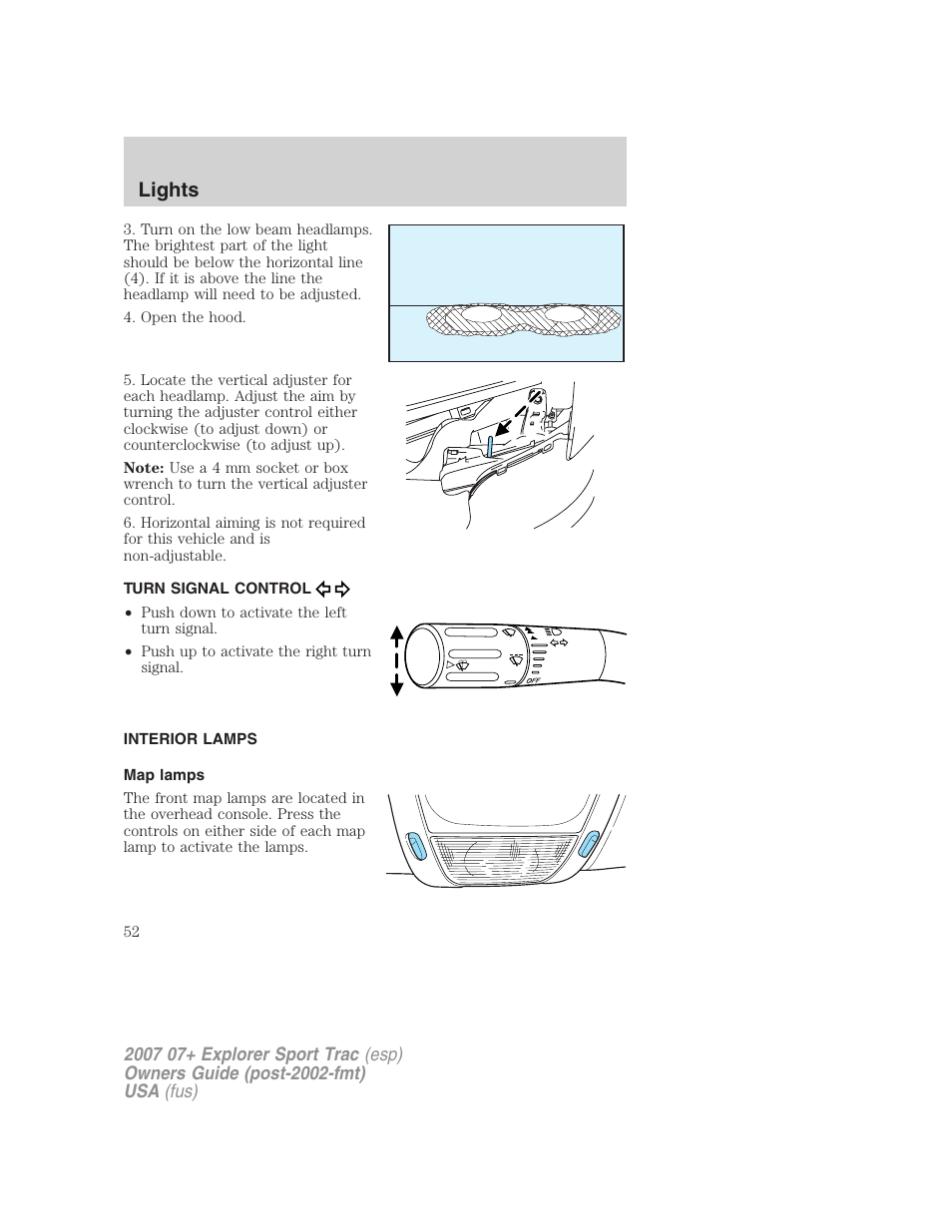 Turn signal control, Interior lamps, Map lamps | Lights | FORD 2007 Explorer Sport Trac v.2 User Manual | Page 52 / 328