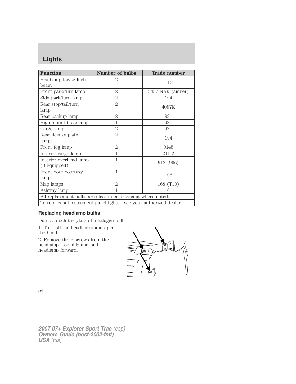 Replacing headlamp bulbs, Lights | FORD 2007 Explorer Sport Trac v.2 User Manual | Page 54 / 328