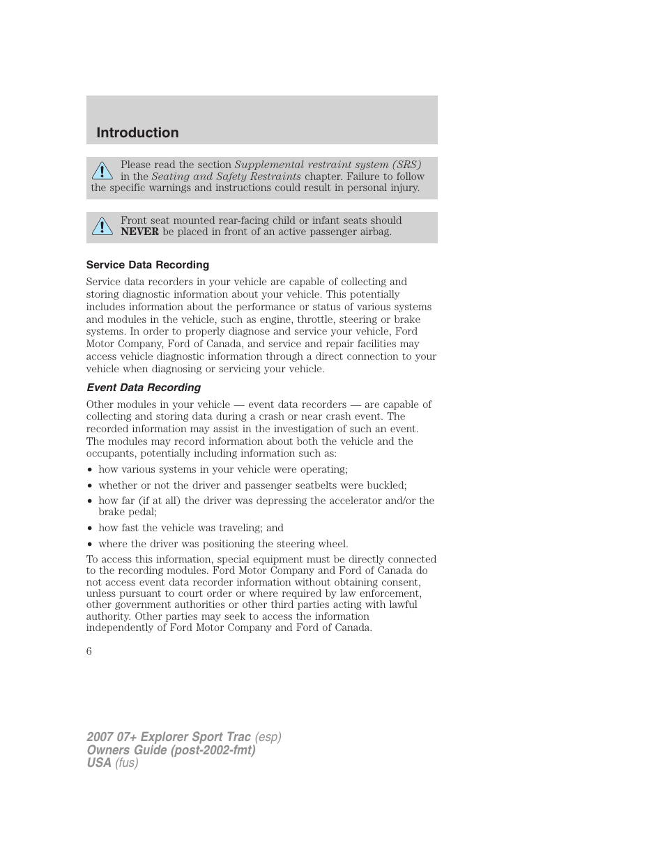 Service data recording, Event data recording, Introduction | FORD 2007 Explorer Sport Trac v.2 User Manual | Page 6 / 328