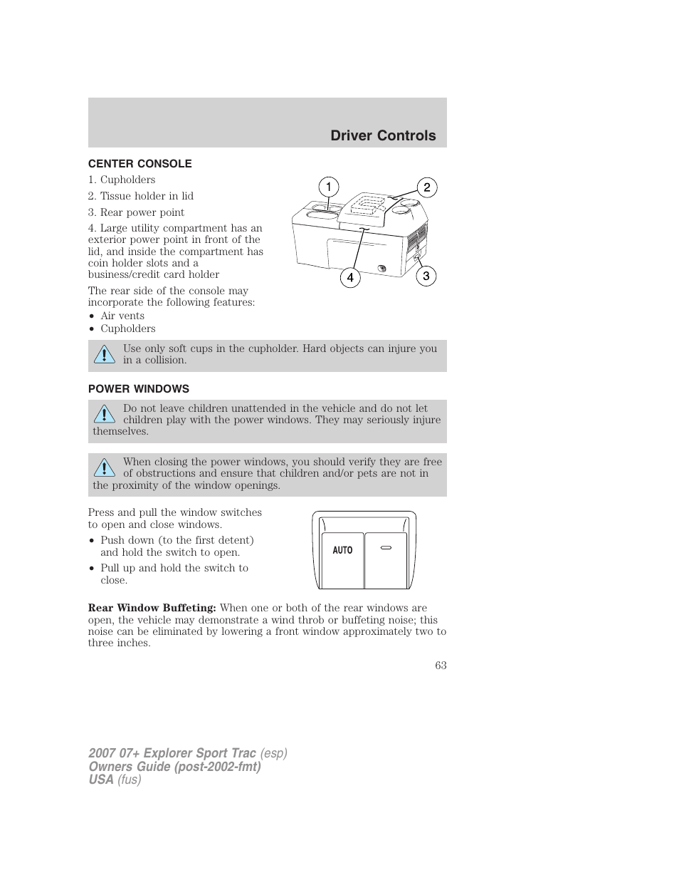 Center console, Power windows, Driver controls | FORD 2007 Explorer Sport Trac v.2 User Manual | Page 63 / 328