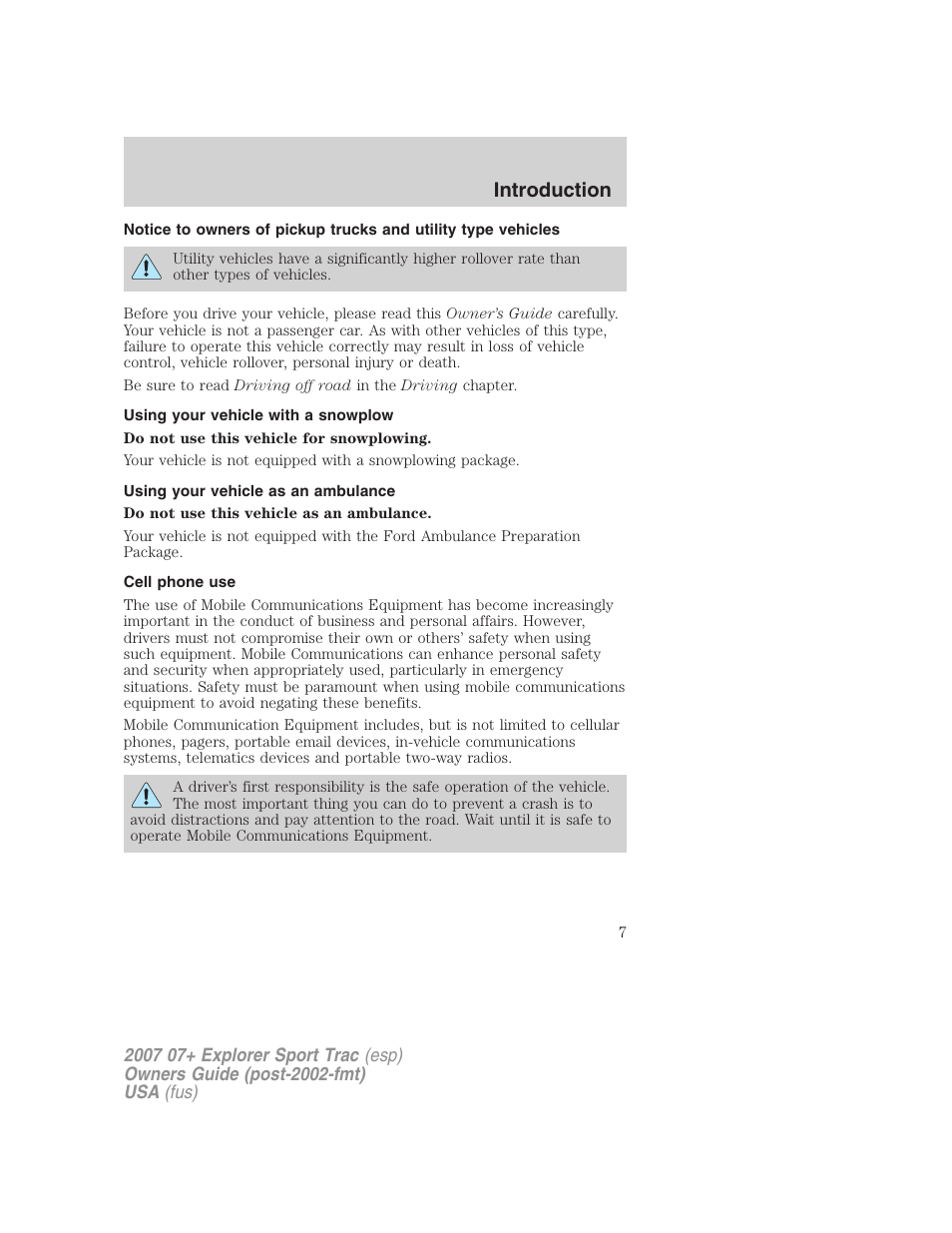 Using your vehicle with a snowplow, Using your vehicle as an ambulance, Cell phone use | Introduction | FORD 2007 Explorer Sport Trac v.2 User Manual | Page 7 / 328