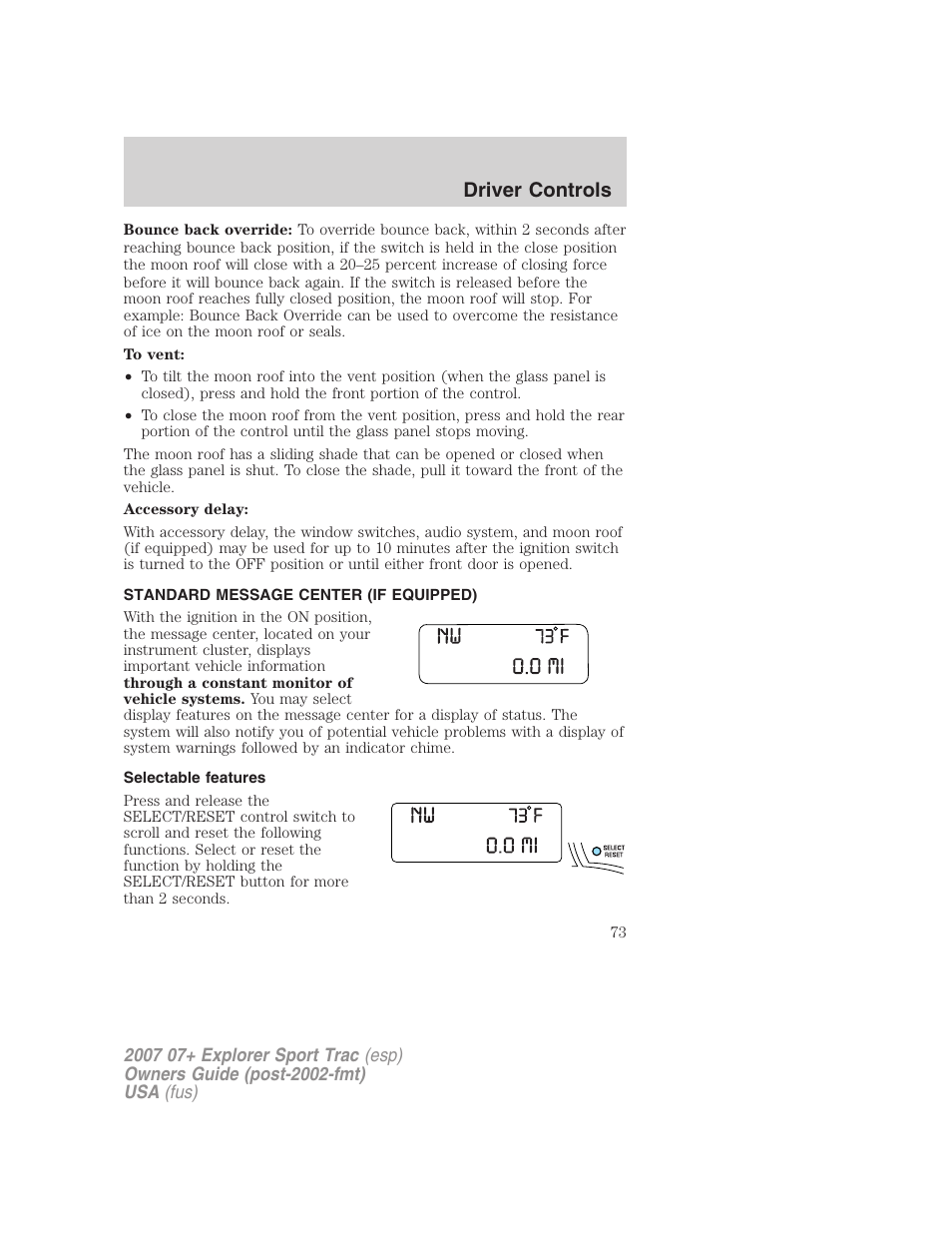Standard message center (if equipped), Selectable features, Message center | Driver controls | FORD 2007 Explorer Sport Trac v.2 User Manual | Page 73 / 328