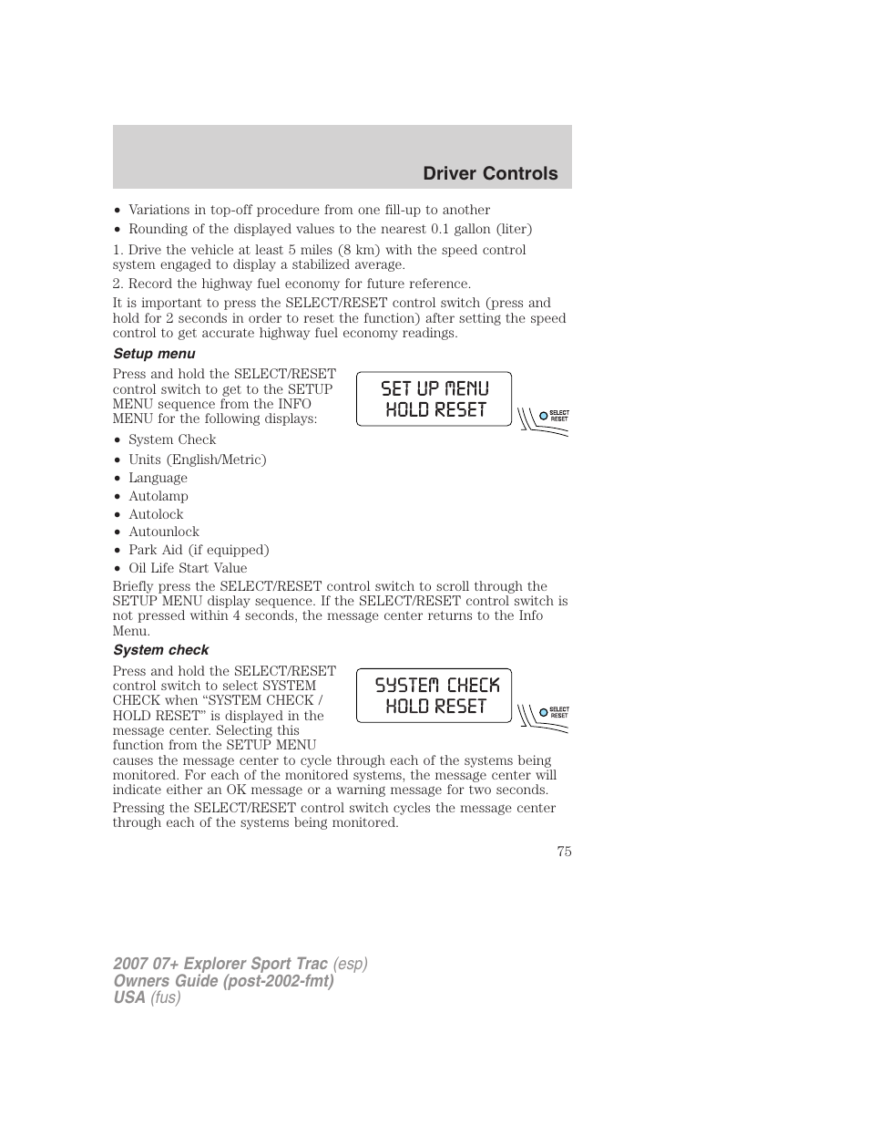 Setup menu, System check, Driver controls | FORD 2007 Explorer Sport Trac v.2 User Manual | Page 75 / 328