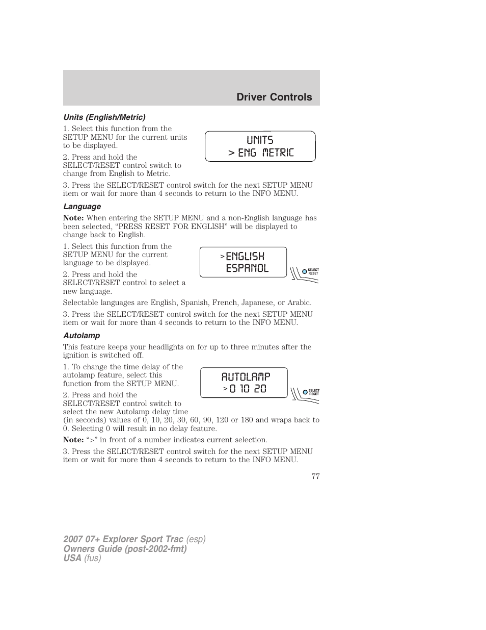 Units (english/metric), Language, Autolamp | Driver controls | FORD 2007 Explorer Sport Trac v.2 User Manual | Page 77 / 328