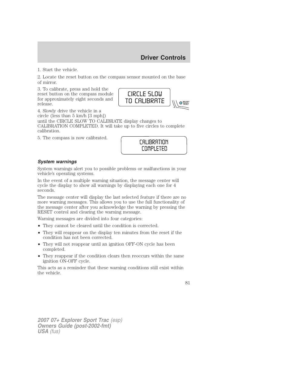 System warnings, Driver controls | FORD 2007 Explorer Sport Trac v.2 User Manual | Page 81 / 328