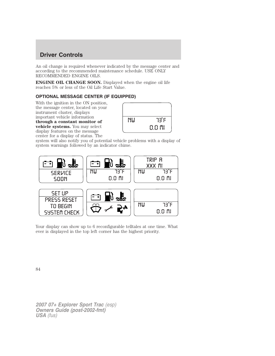 Optional message center (if equipped), Driver controls | FORD 2007 Explorer Sport Trac v.2 User Manual | Page 84 / 328