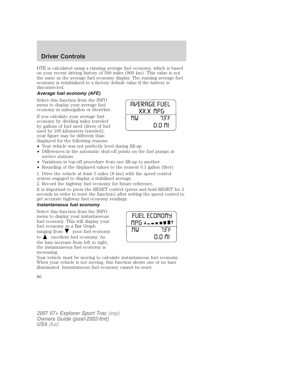 Average fuel economy (afe), Instantaneous fuel economy, Driver controls | FORD 2007 Explorer Sport Trac v.2 User Manual | Page 86 / 328