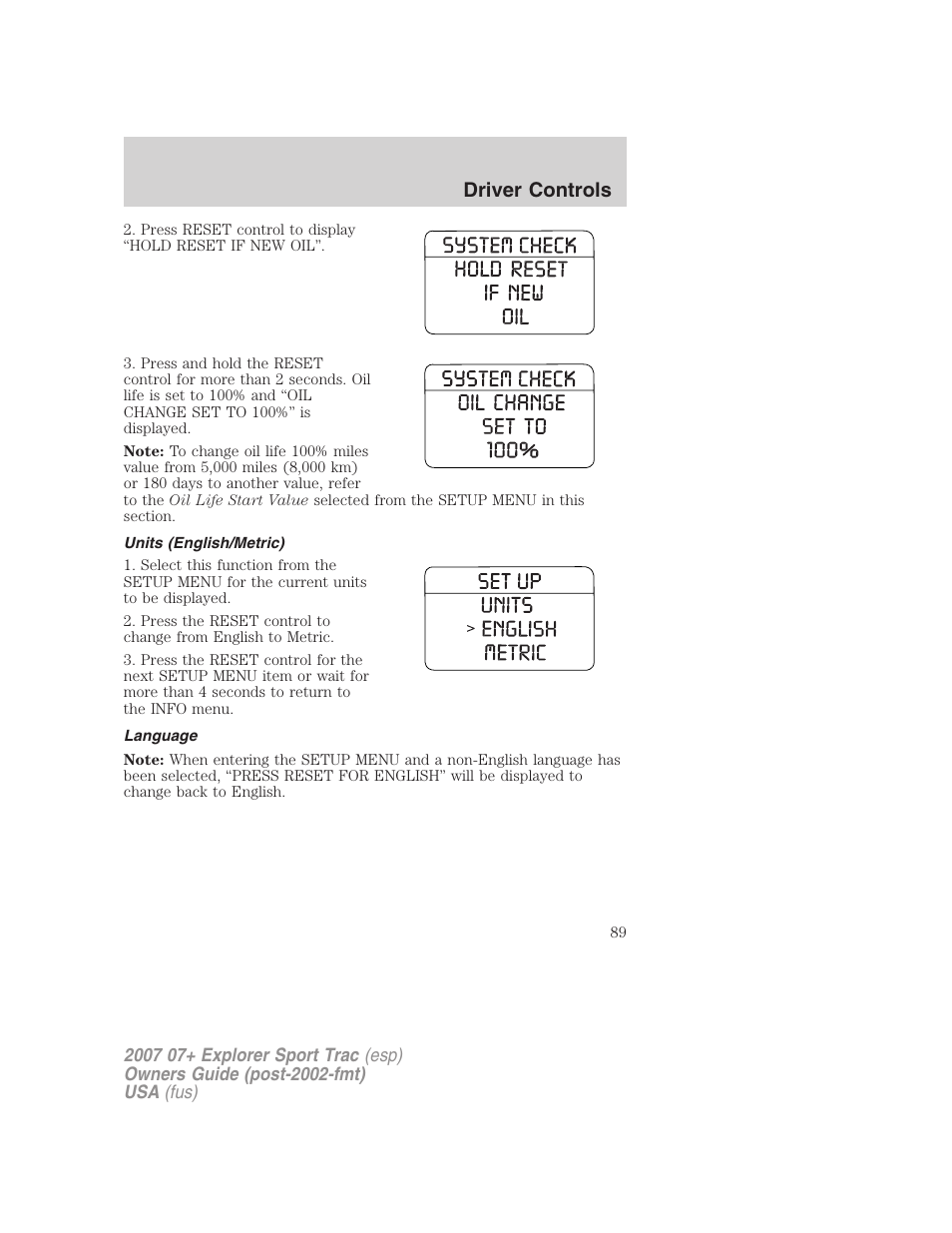 Units (english/metric), Language, Driver controls | FORD 2007 Explorer Sport Trac v.2 User Manual | Page 89 / 328