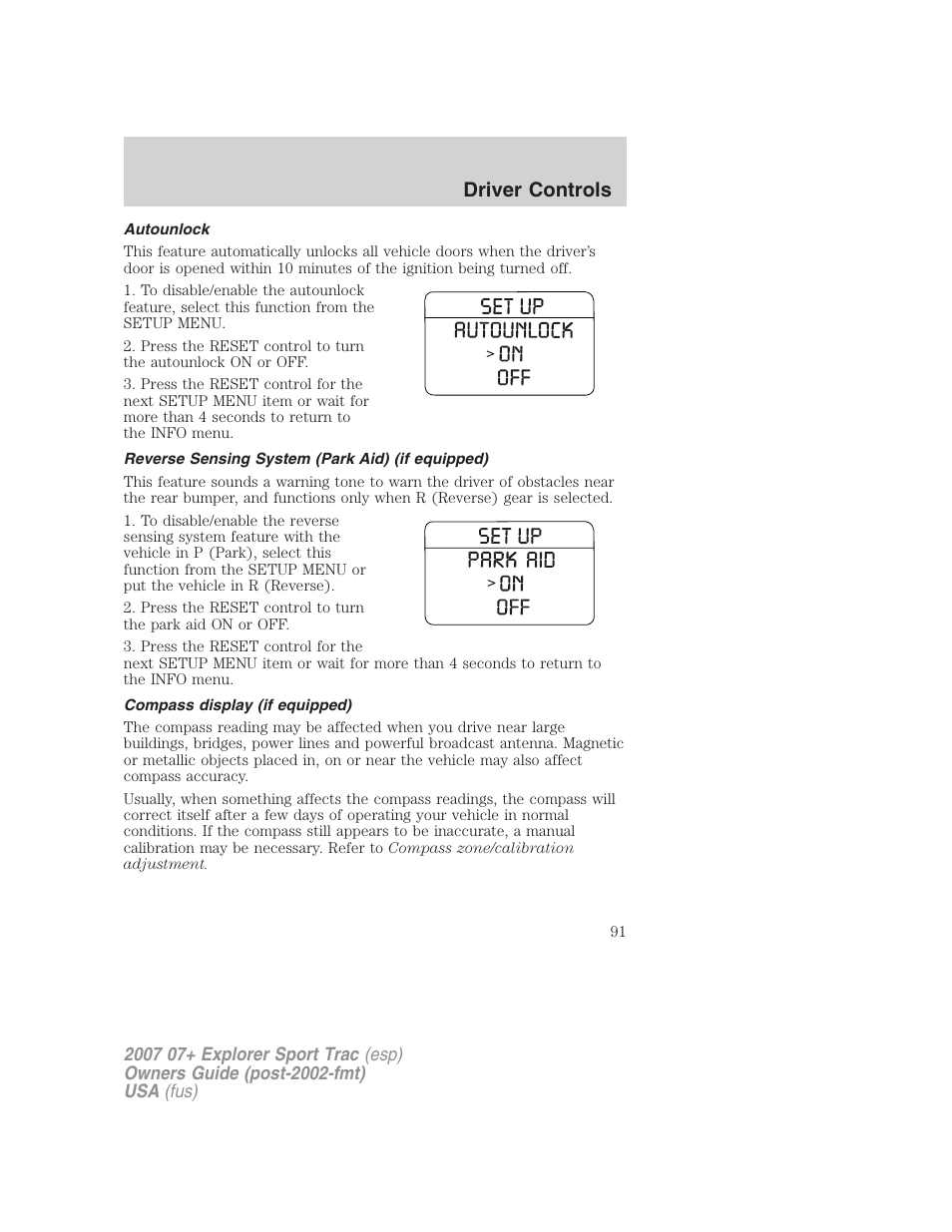 Autounlock, Reverse sensing system (park aid) (if equipped), Compass display (if equipped) | Driver controls | FORD 2007 Explorer Sport Trac v.2 User Manual | Page 91 / 328