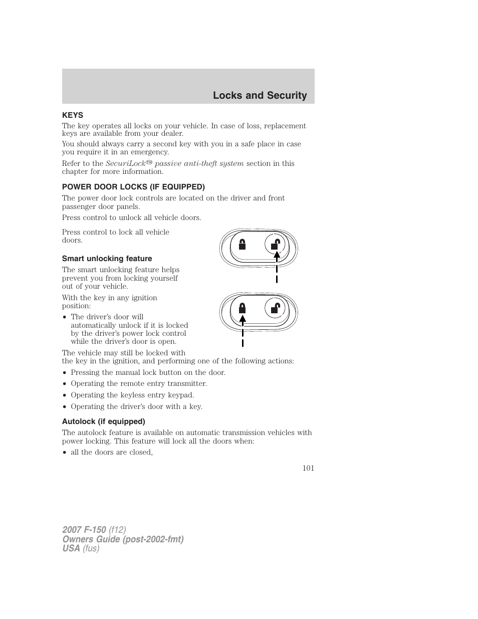 Locks and security, Keys, Power door locks (if equipped) | Smart unlocking feature, Autolock (if equipped), Locks | FORD 2007 F-150 v.1 User Manual | Page 101 / 344