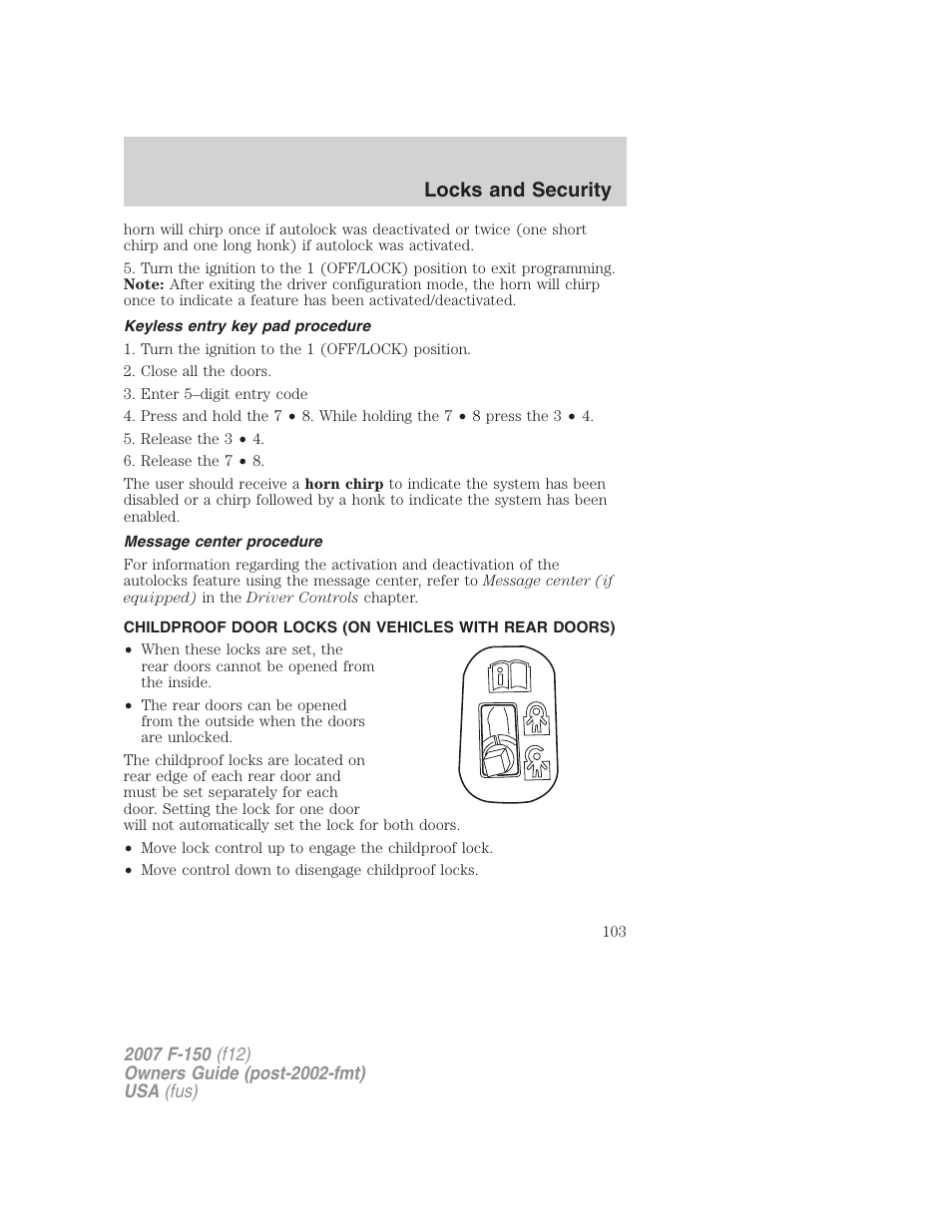 Keyless entry key pad procedure, Message center procedure, Locks and security | FORD 2007 F-150 v.1 User Manual | Page 103 / 344