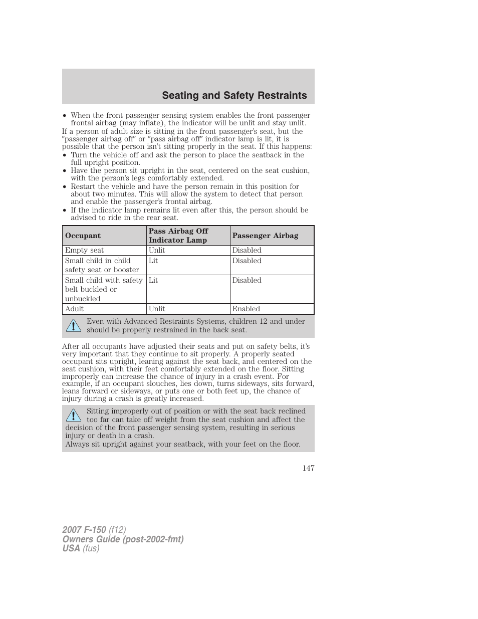 Seating and safety restraints | FORD 2007 F-150 v.1 User Manual | Page 147 / 344