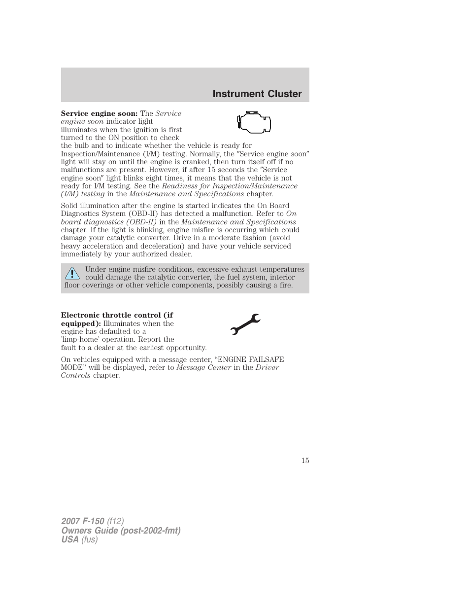 Instrument cluster | FORD 2007 F-150 v.1 User Manual | Page 15 / 344