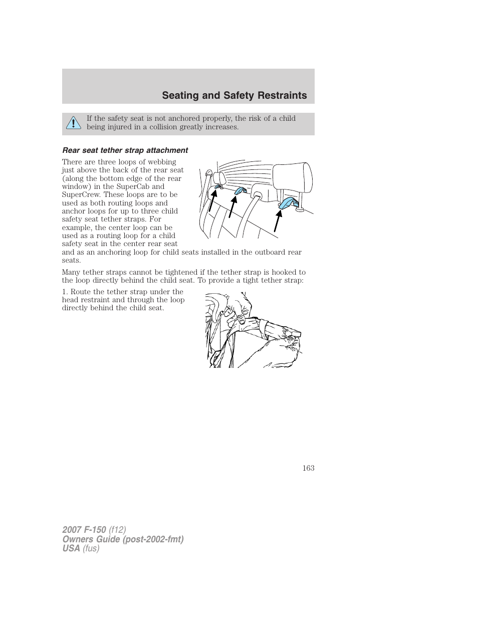 Rear seat tether strap attachment, Seating and safety restraints | FORD 2007 F-150 v.1 User Manual | Page 163 / 344