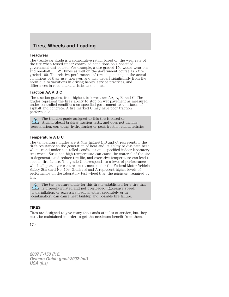 Treadwear, Traction aa a b c, Temperature a b c | Tires, Tires, wheels and loading | FORD 2007 F-150 v.1 User Manual | Page 170 / 344