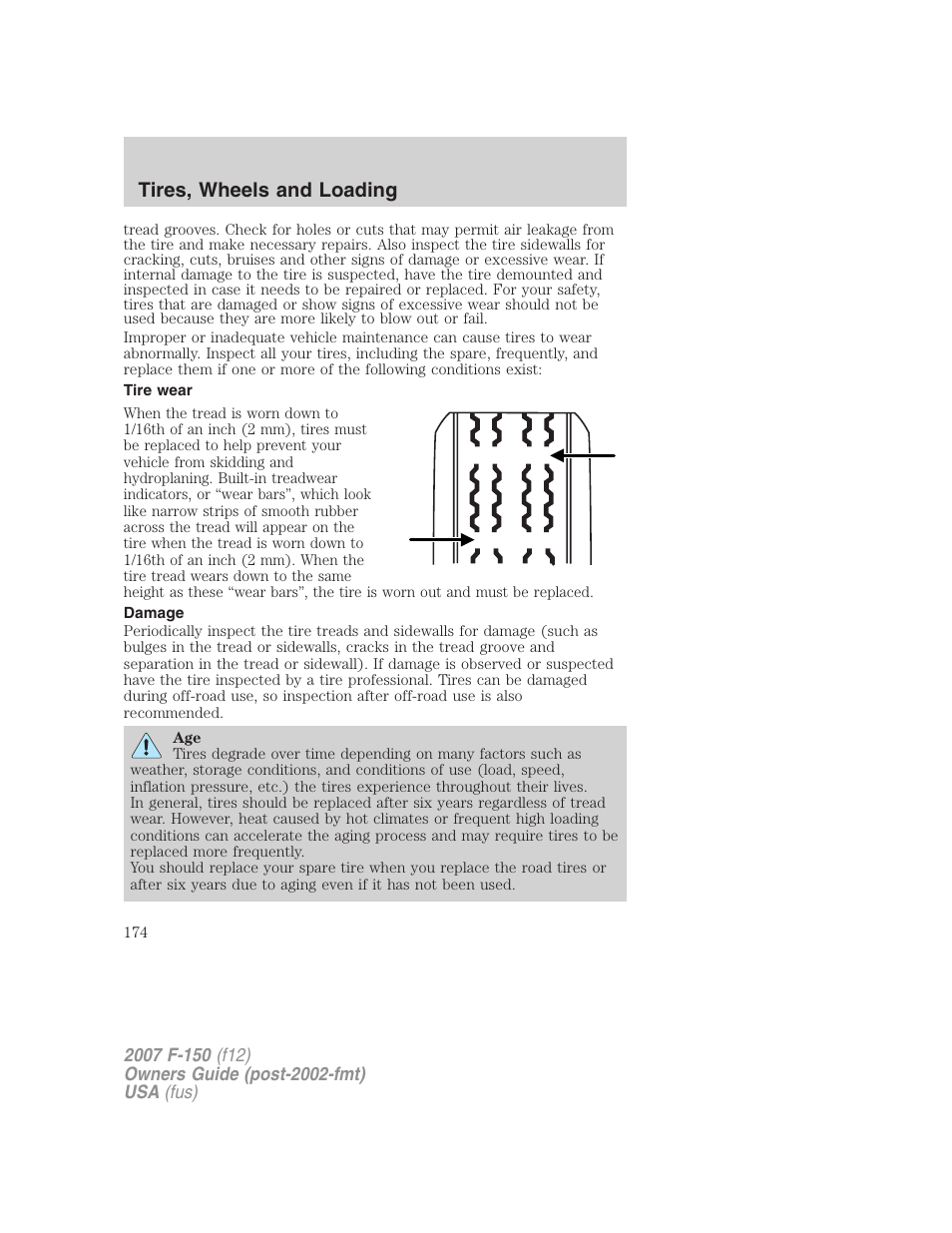 Tire wear, Damage, Tires, wheels and loading | FORD 2007 F-150 v.1 User Manual | Page 174 / 344