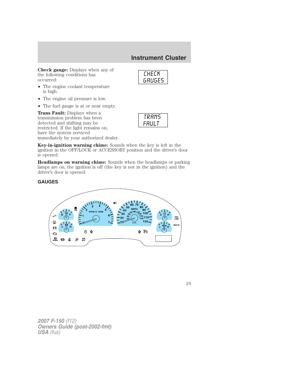Gauges, Instrument cluster | FORD 2007 F-150 v.1 User Manual | Page 19 / 344