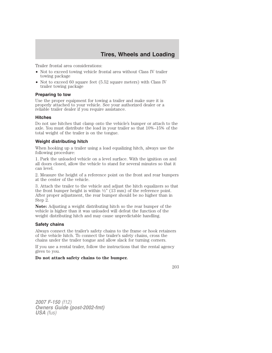 Preparing to tow, Hitches, Weight distributing hitch | Safety chains, Tires, wheels and loading | FORD 2007 F-150 v.1 User Manual | Page 203 / 344
