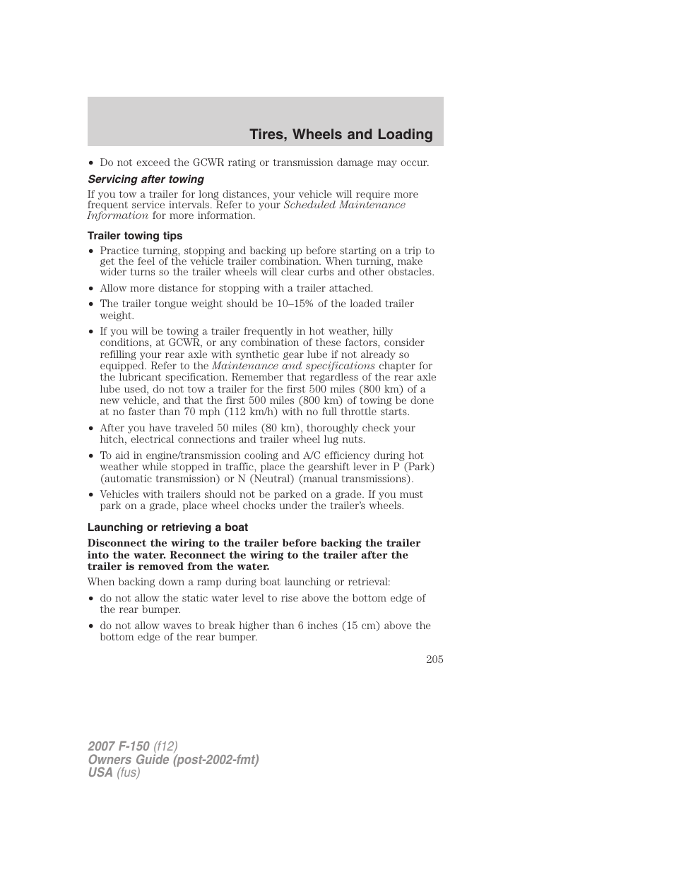 Servicing after towing, Trailer towing tips, Launching or retrieving a boat | Tires, wheels and loading | FORD 2007 F-150 v.1 User Manual | Page 205 / 344