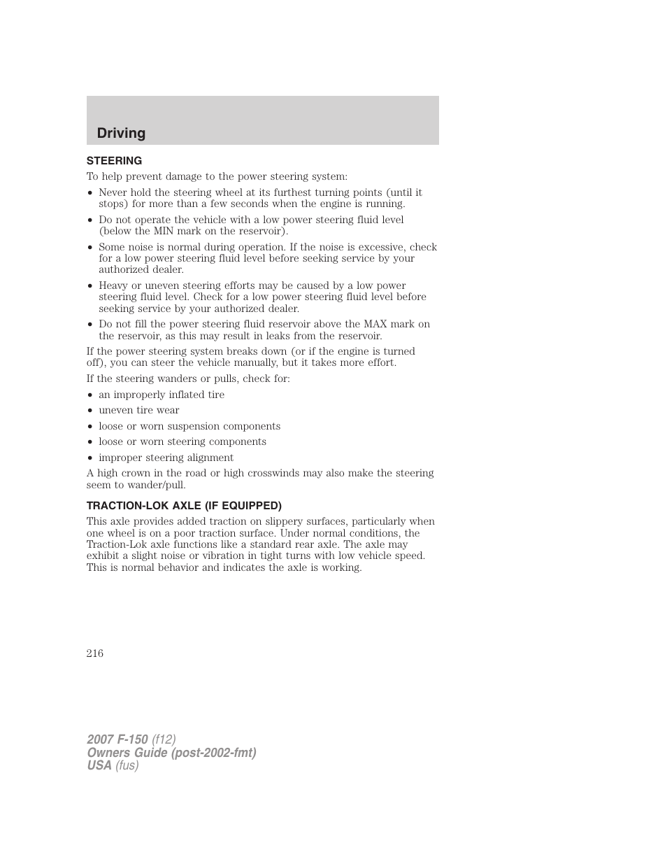 Steering, Traction-lok axle (if equipped), Driving | FORD 2007 F-150 v.1 User Manual | Page 216 / 344