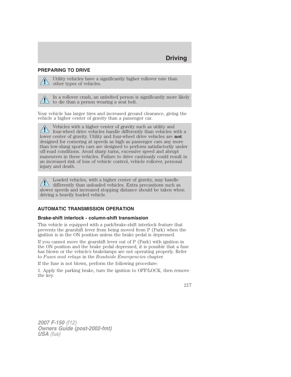 Preparing to drive, Automatic transmission operation, Brake-shift interlock - column-shift transmission | Transmission operation, Driving | FORD 2007 F-150 v.1 User Manual | Page 217 / 344