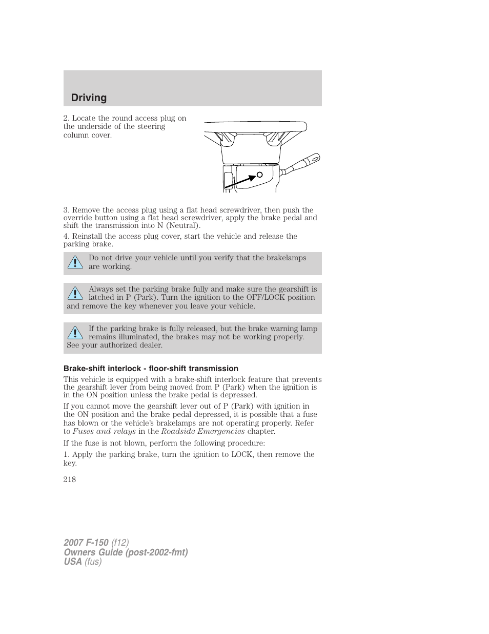 Brake-shift interlock - floor-shift transmission, Driving | FORD 2007 F-150 v.1 User Manual | Page 218 / 344