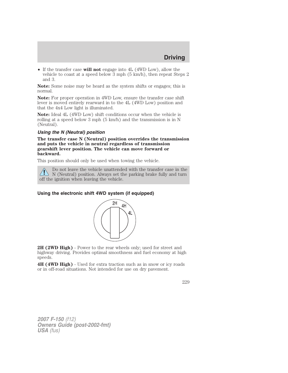 Using the n (neutral) position, Driving | FORD 2007 F-150 v.1 User Manual | Page 229 / 344