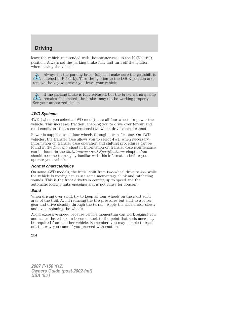 4wd systems, Normal characteristics, Sand | Driving | FORD 2007 F-150 v.1 User Manual | Page 234 / 344