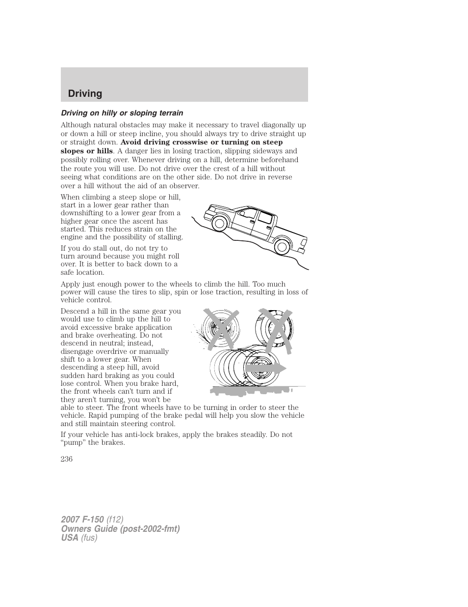 Driving on hilly or sloping terrain, Driving | FORD 2007 F-150 v.1 User Manual | Page 236 / 344