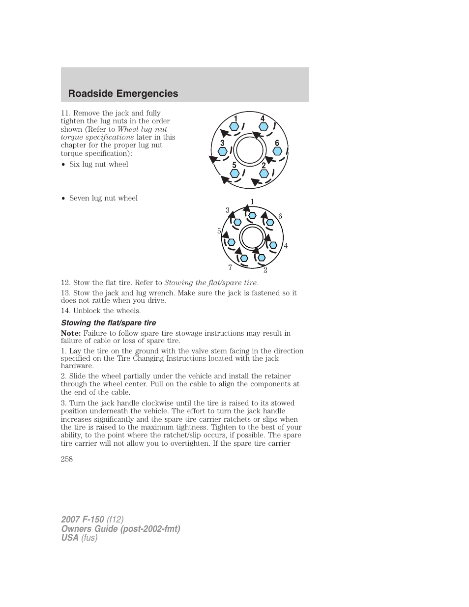 Stowing the flat/spare tire, Roadside emergencies | FORD 2007 F-150 v.1 User Manual | Page 258 / 344