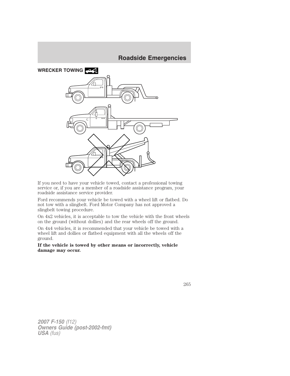 Wrecker towing, Roadside emergencies | FORD 2007 F-150 v.1 User Manual | Page 265 / 344