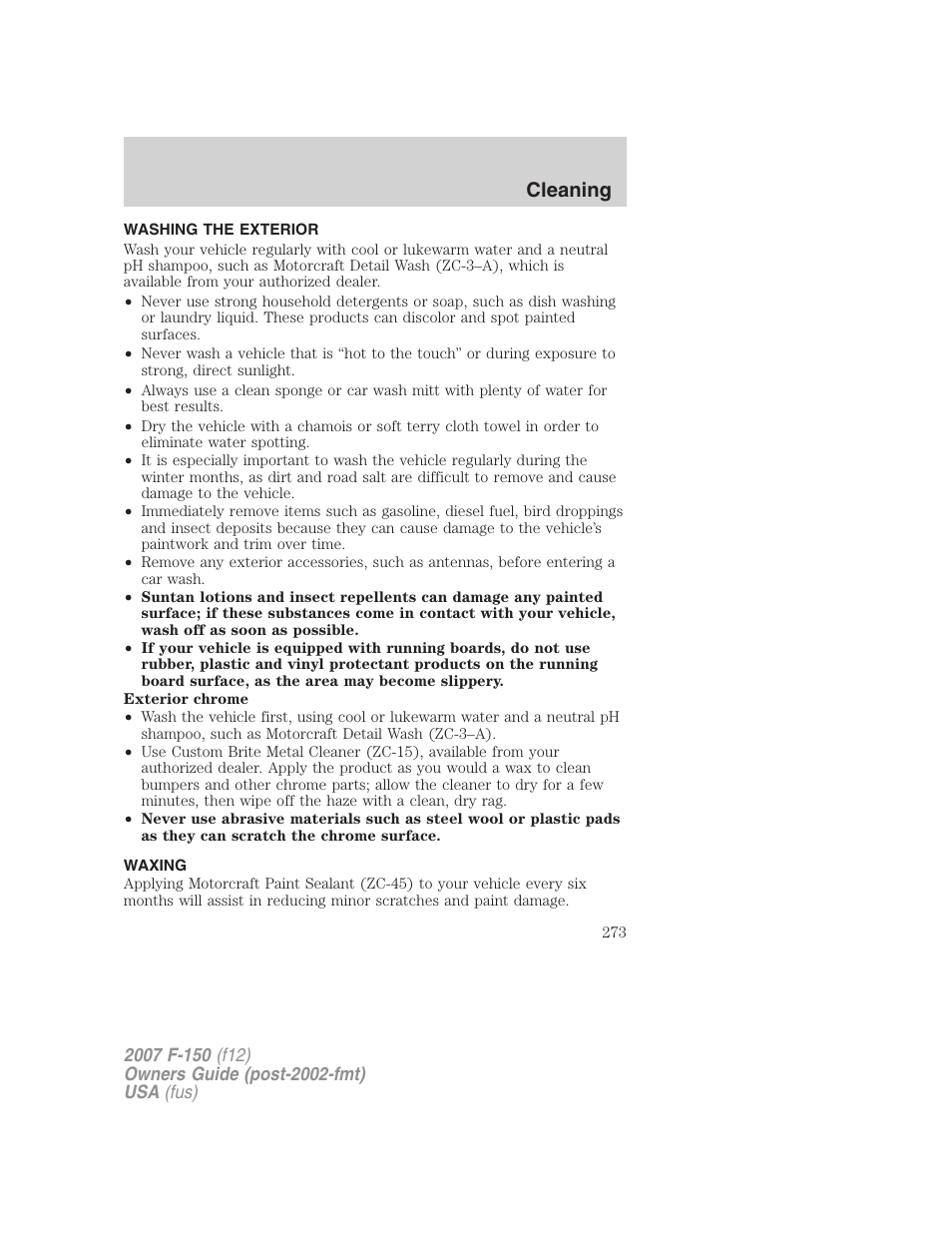 Cleaning, Washing the exterior, Waxing | FORD 2007 F-150 v.1 User Manual | Page 273 / 344