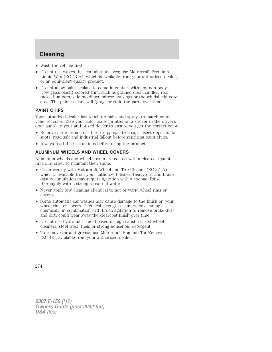 Paint chips, Aluminum wheels and wheel covers, Cleaning | FORD 2007 F-150 v.1 User Manual | Page 274 / 344