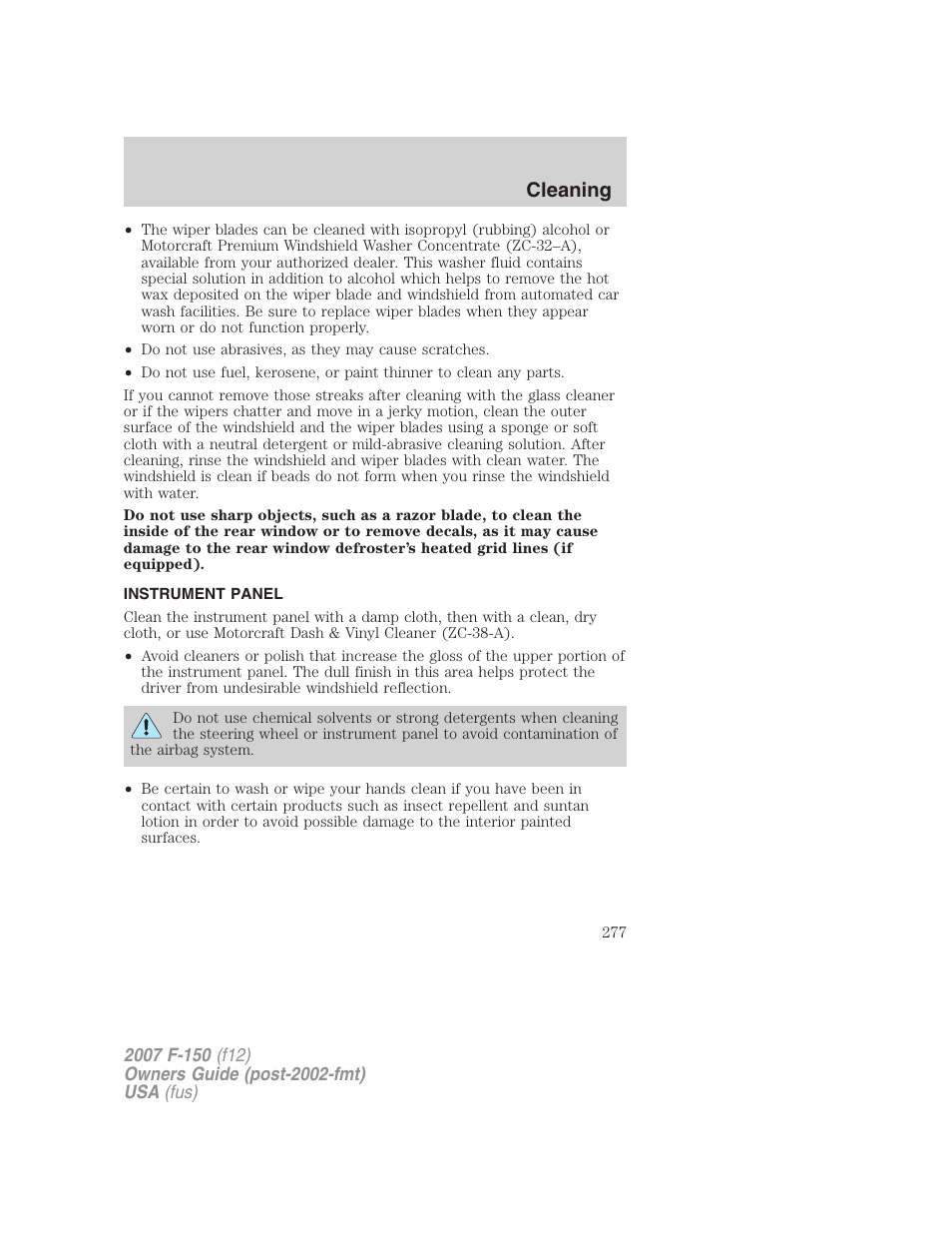 Instrument panel, Cleaning | FORD 2007 F-150 v.1 User Manual | Page 277 / 344