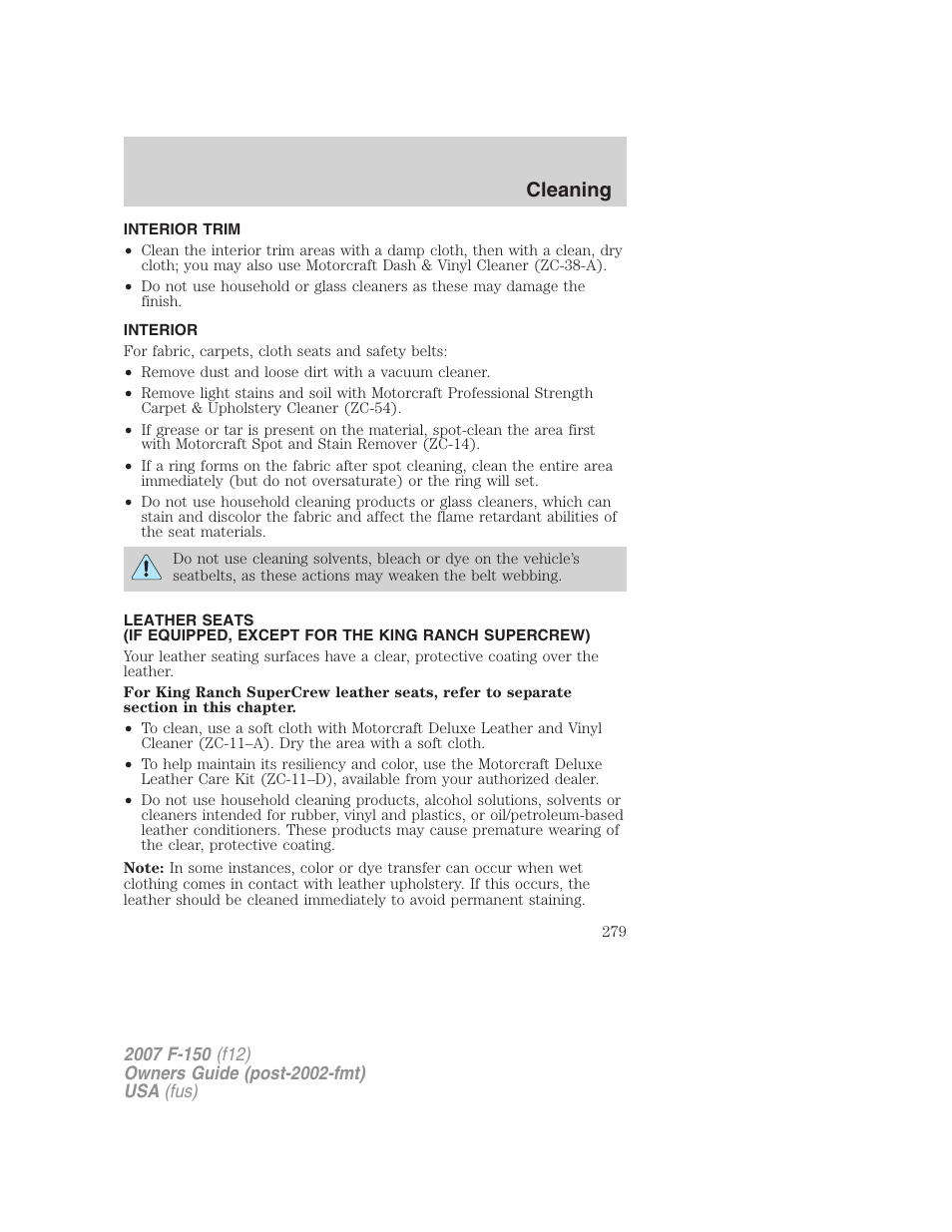 Interior trim, Interior, Cleaning | FORD 2007 F-150 v.1 User Manual | Page 279 / 344