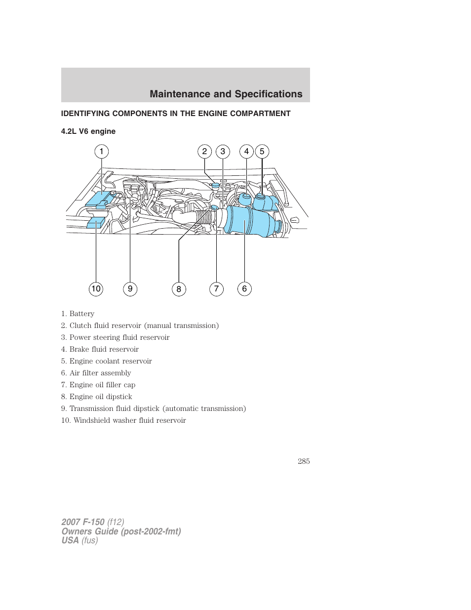 Identifying components in the engine compartment, 2l v6 engine, Engine compartment | Maintenance and specifications | FORD 2007 F-150 v.1 User Manual | Page 285 / 344