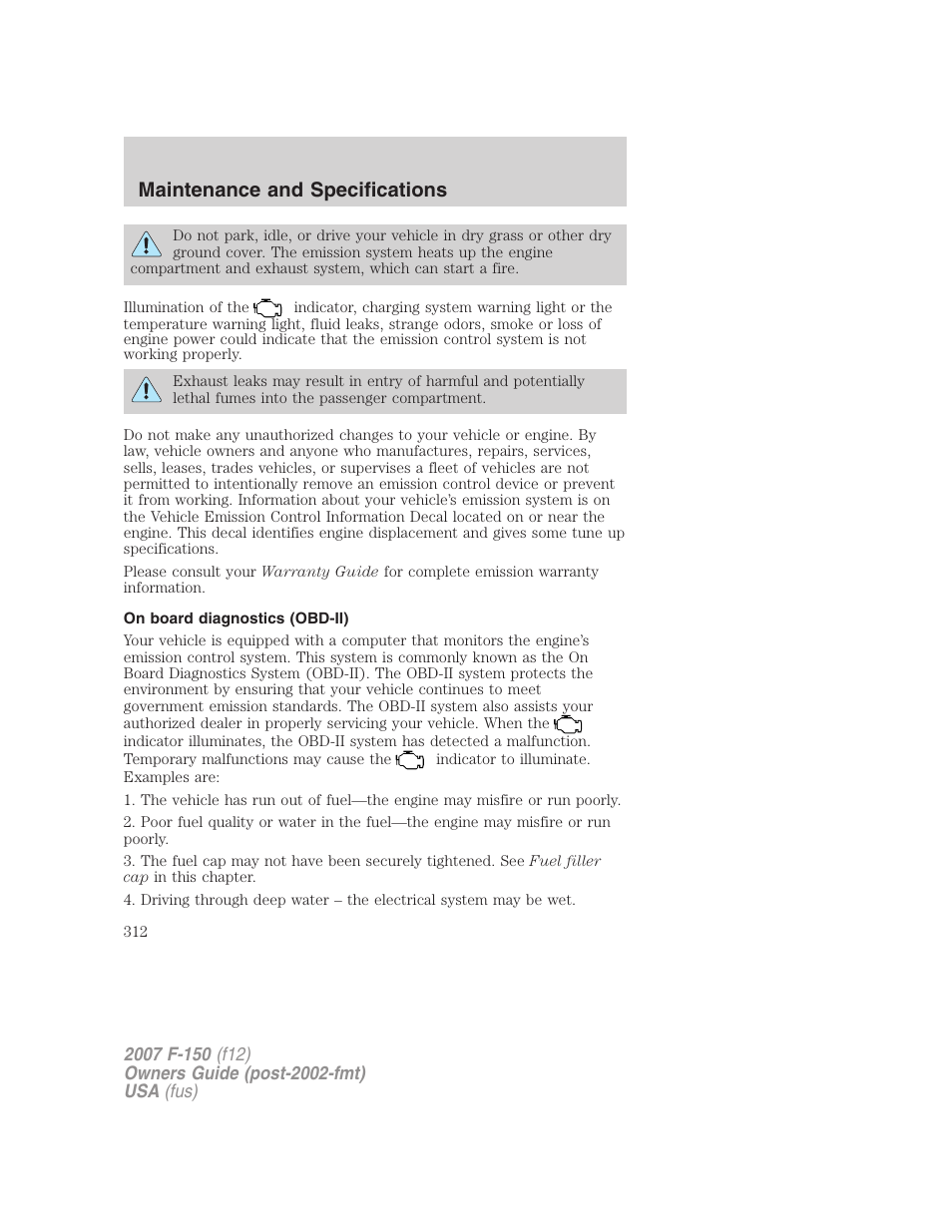 On board diagnostics (obd-ii), Maintenance and specifications | FORD 2007 F-150 v.1 User Manual | Page 312 / 344