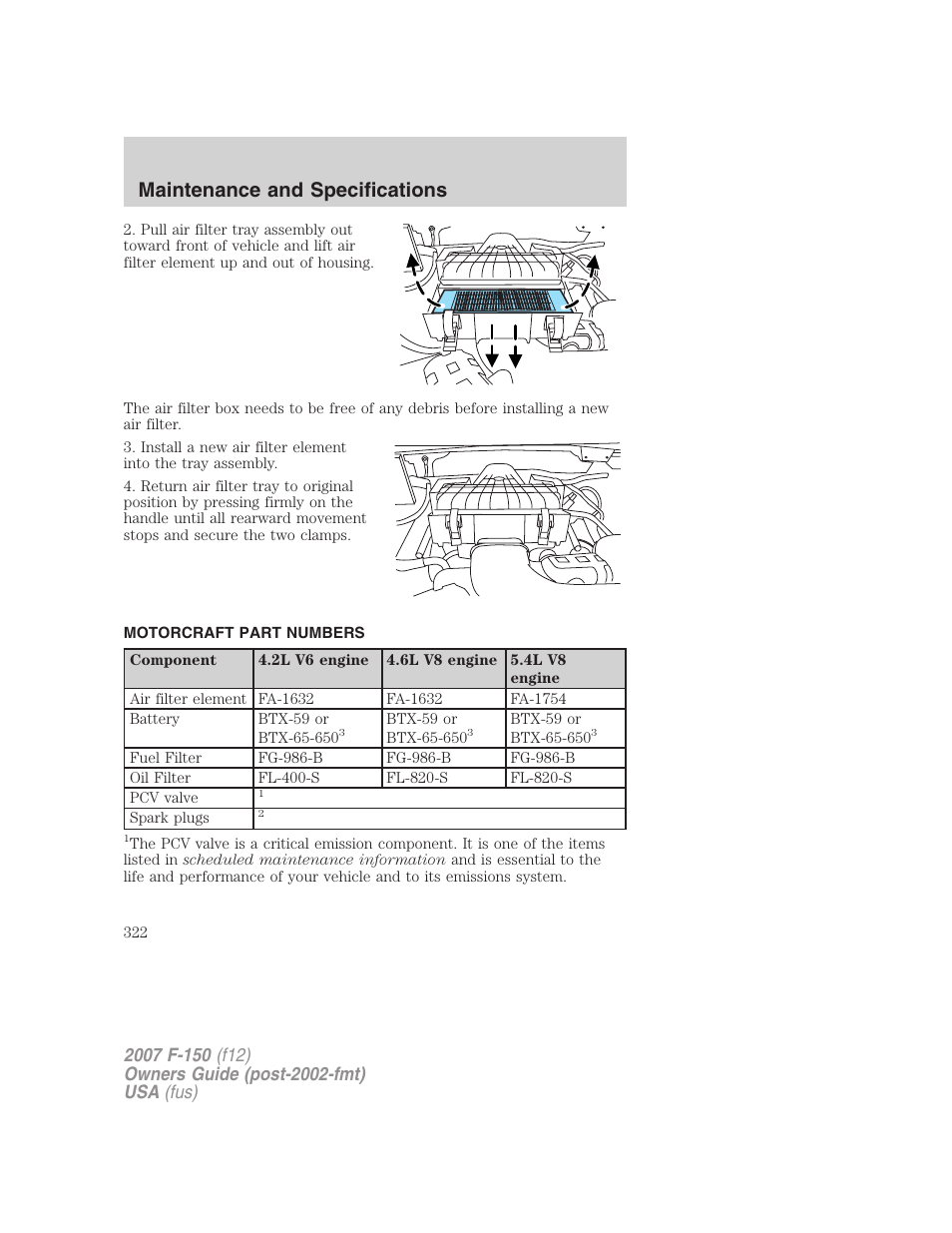 Motorcraft part numbers, Part numbers, Maintenance and specifications | FORD 2007 F-150 v.1 User Manual | Page 322 / 344