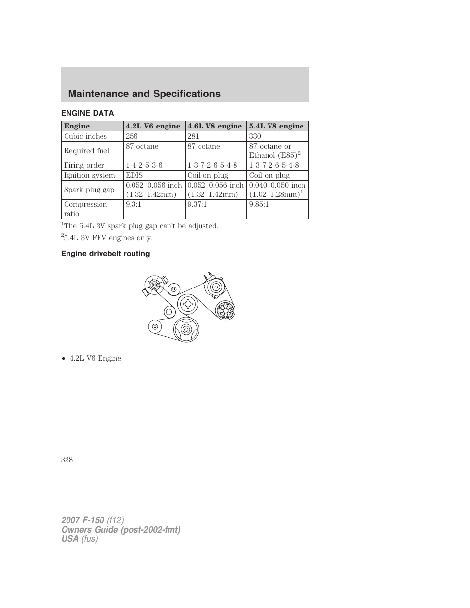 Engine data, Engine drivebelt routing, Maintenance and specifications | FORD 2007 F-150 v.1 User Manual | Page 328 / 344