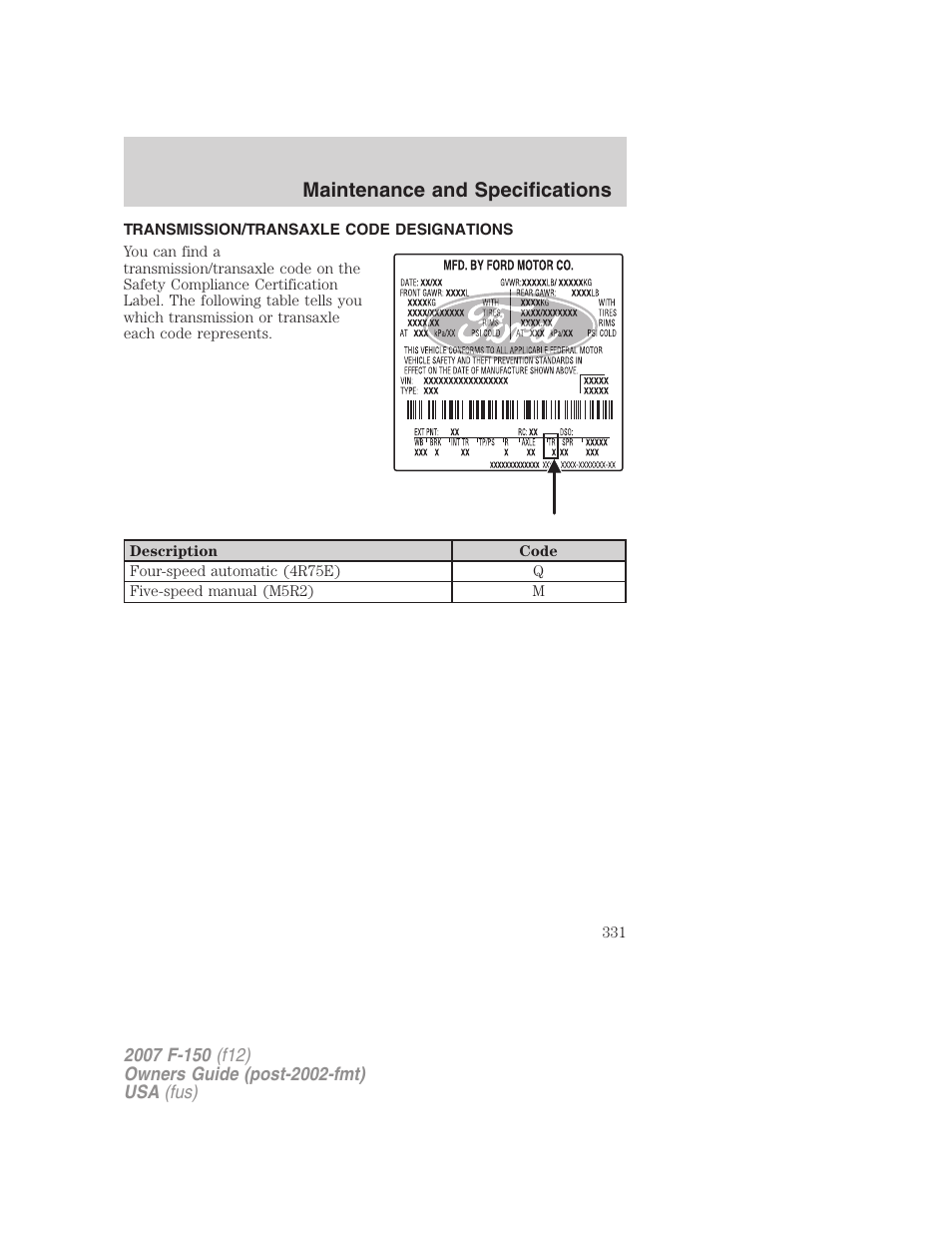 Transmission/transaxle code designations, Maintenance and specifications | FORD 2007 F-150 v.1 User Manual | Page 331 / 344