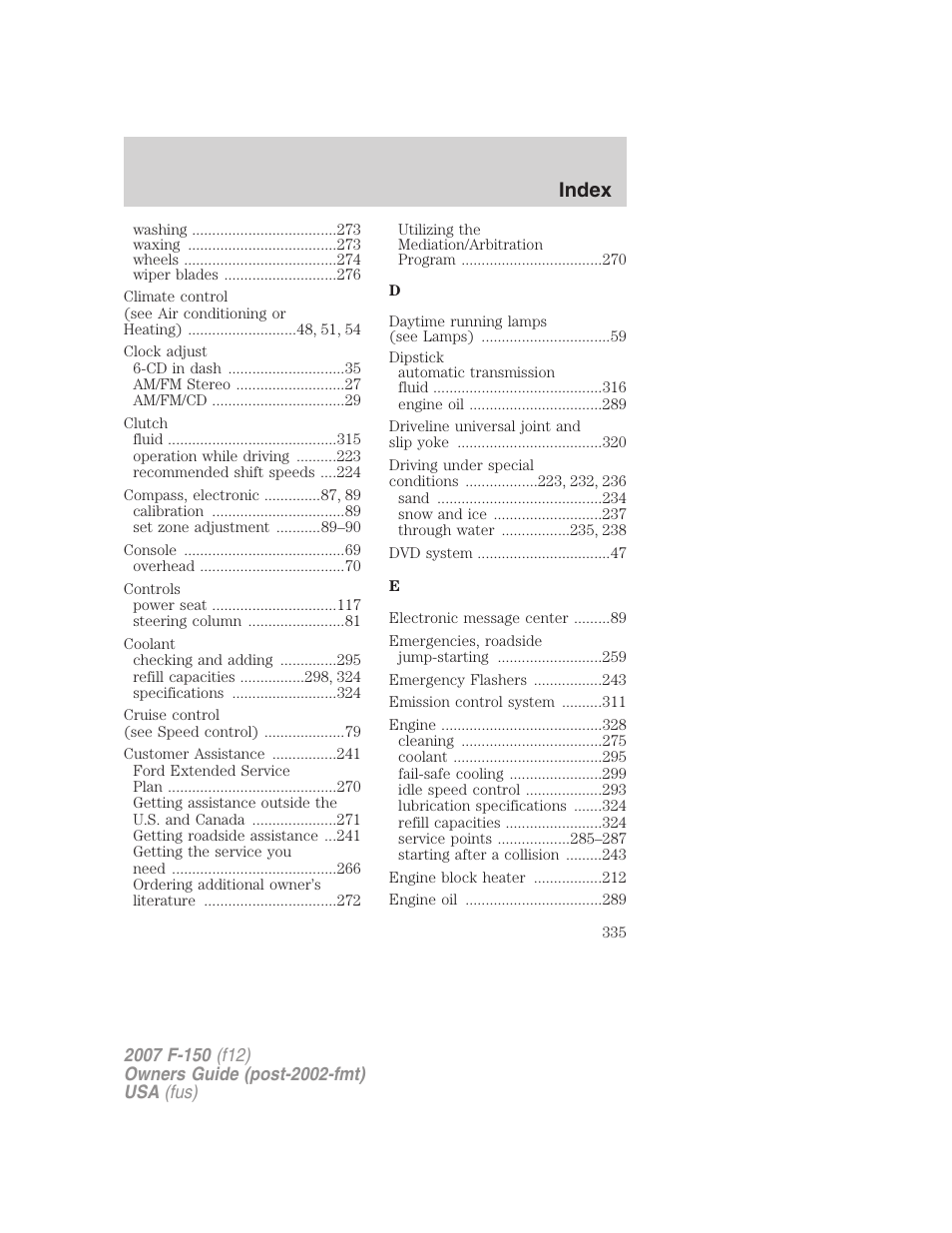 Index | FORD 2007 F-150 v.1 User Manual | Page 335 / 344