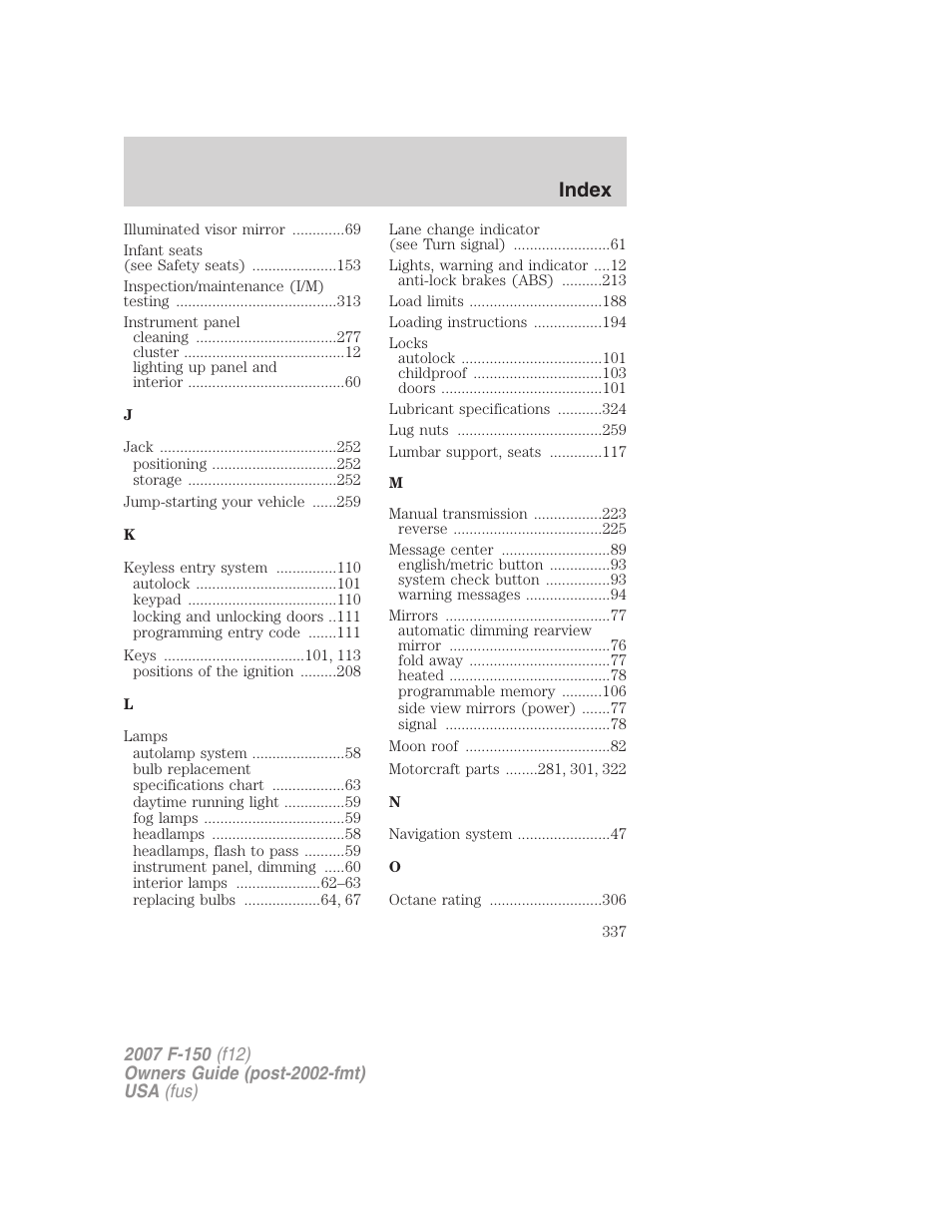 Index | FORD 2007 F-150 v.1 User Manual | Page 337 / 344