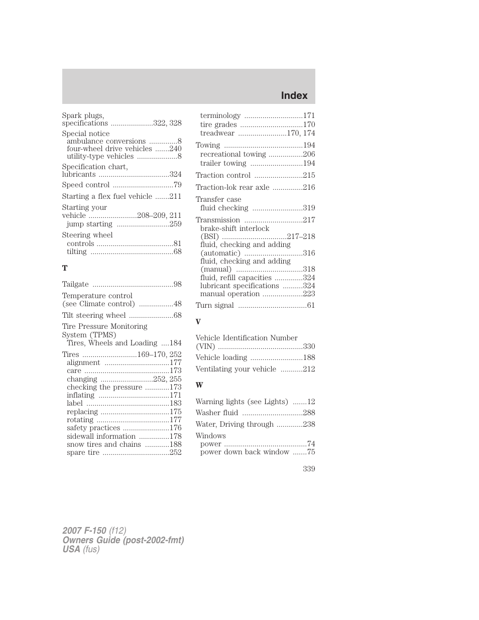 Index | FORD 2007 F-150 v.1 User Manual | Page 339 / 344