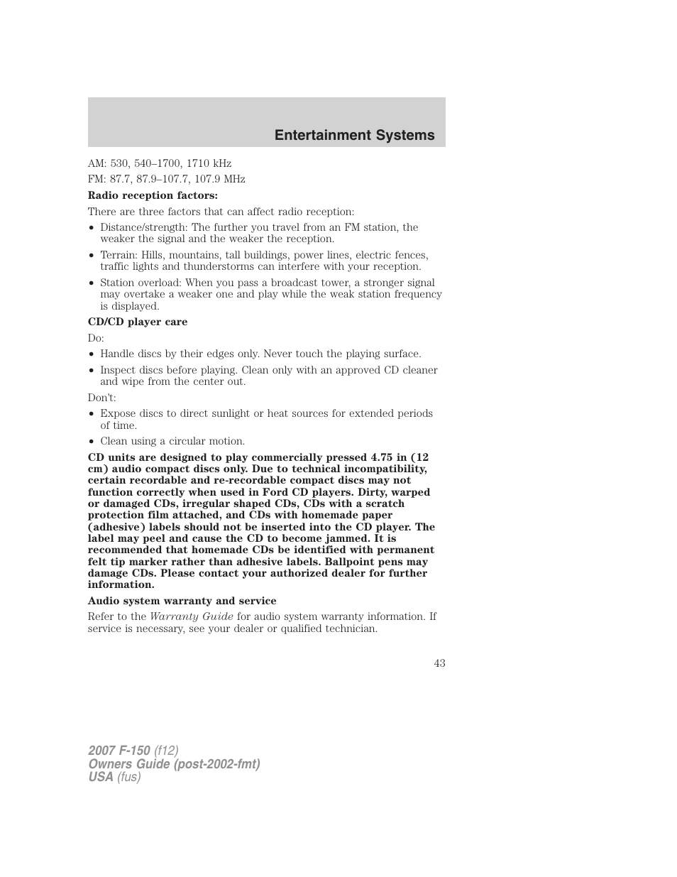 Entertainment systems | FORD 2007 F-150 v.1 User Manual | Page 43 / 344