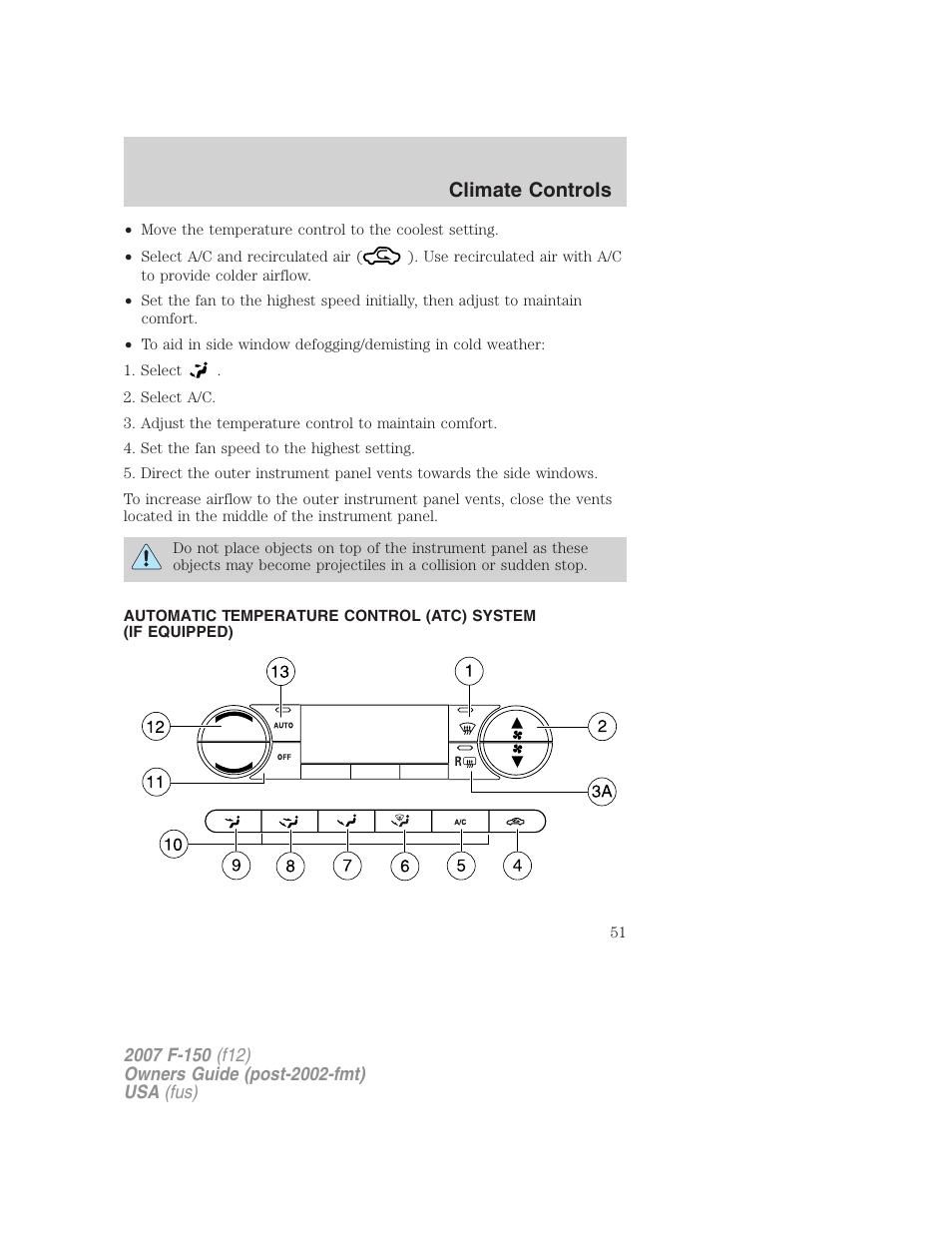 Automatic temperature control, Climate controls | FORD 2007 F-150 v.1 User Manual | Page 51 / 344